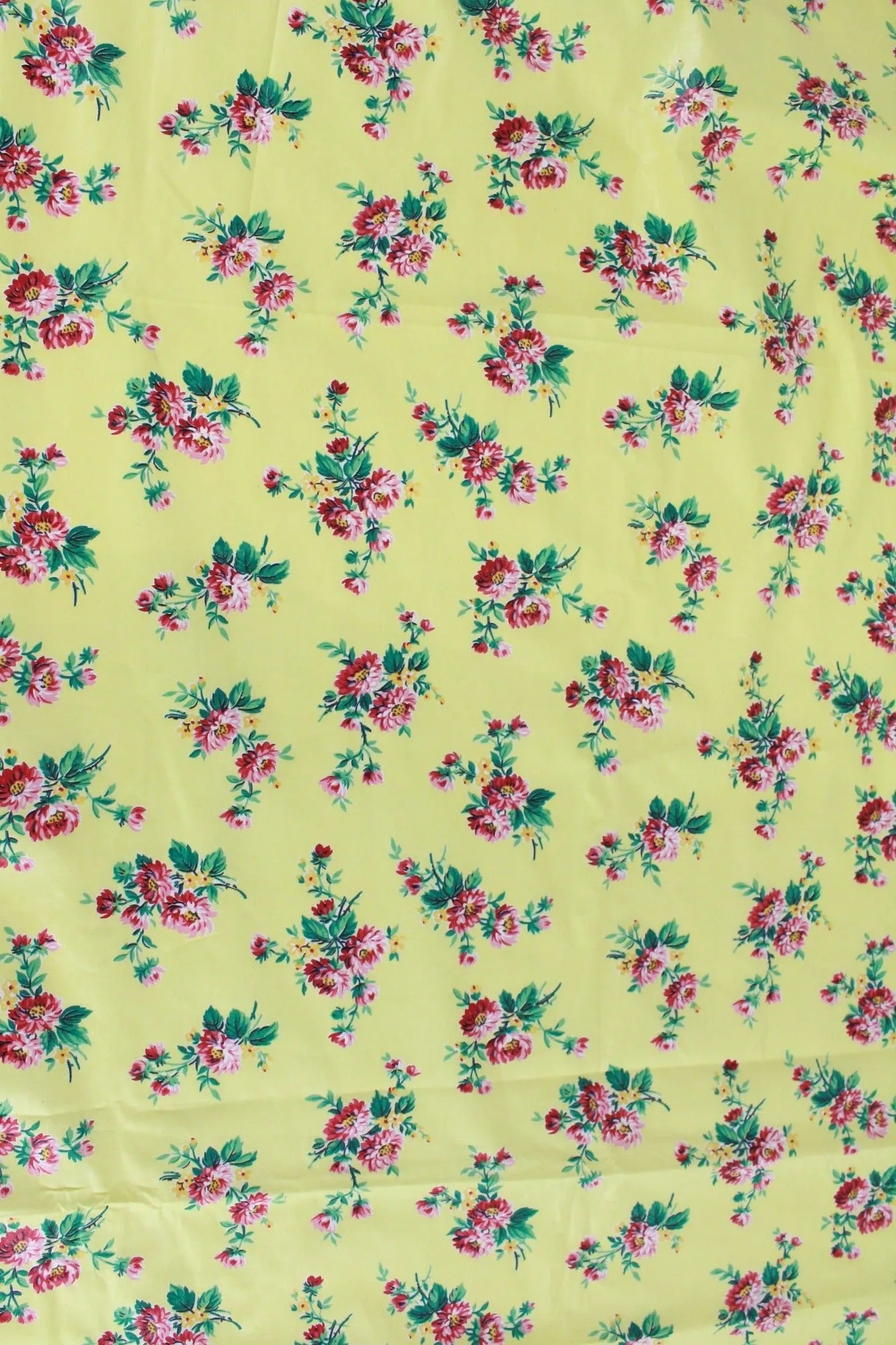 1950s Yellow Pink Floral Print Polished Cotton Fabric, 8.19 Yards