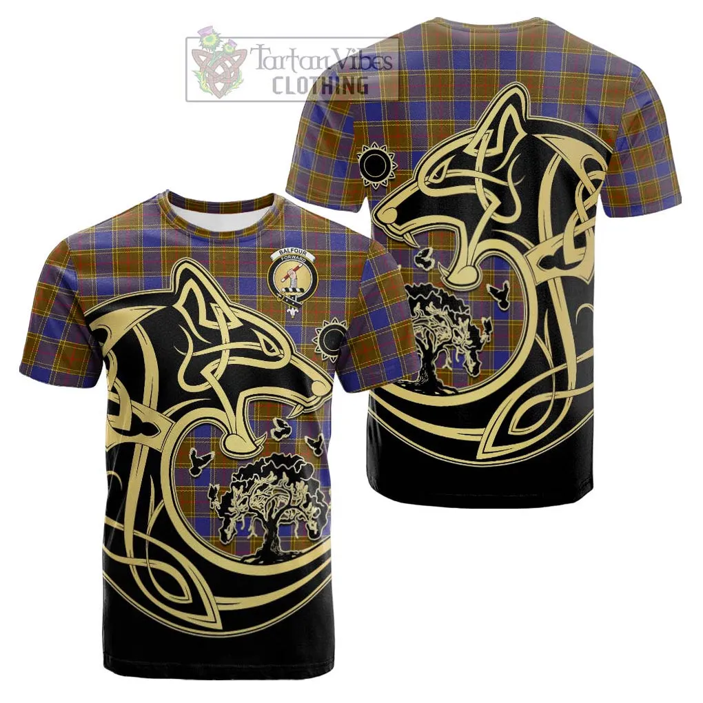 Balfour Tartan Cotton T-shirt with Family Crest Celtic Wolf Style