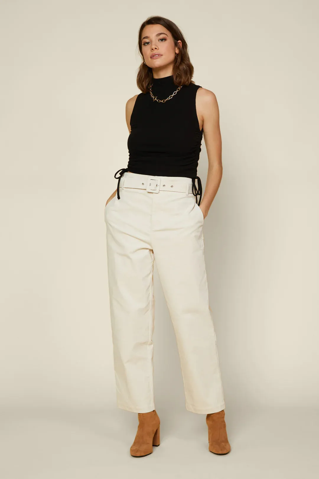 Belted Straight Leg Corduroy Pants