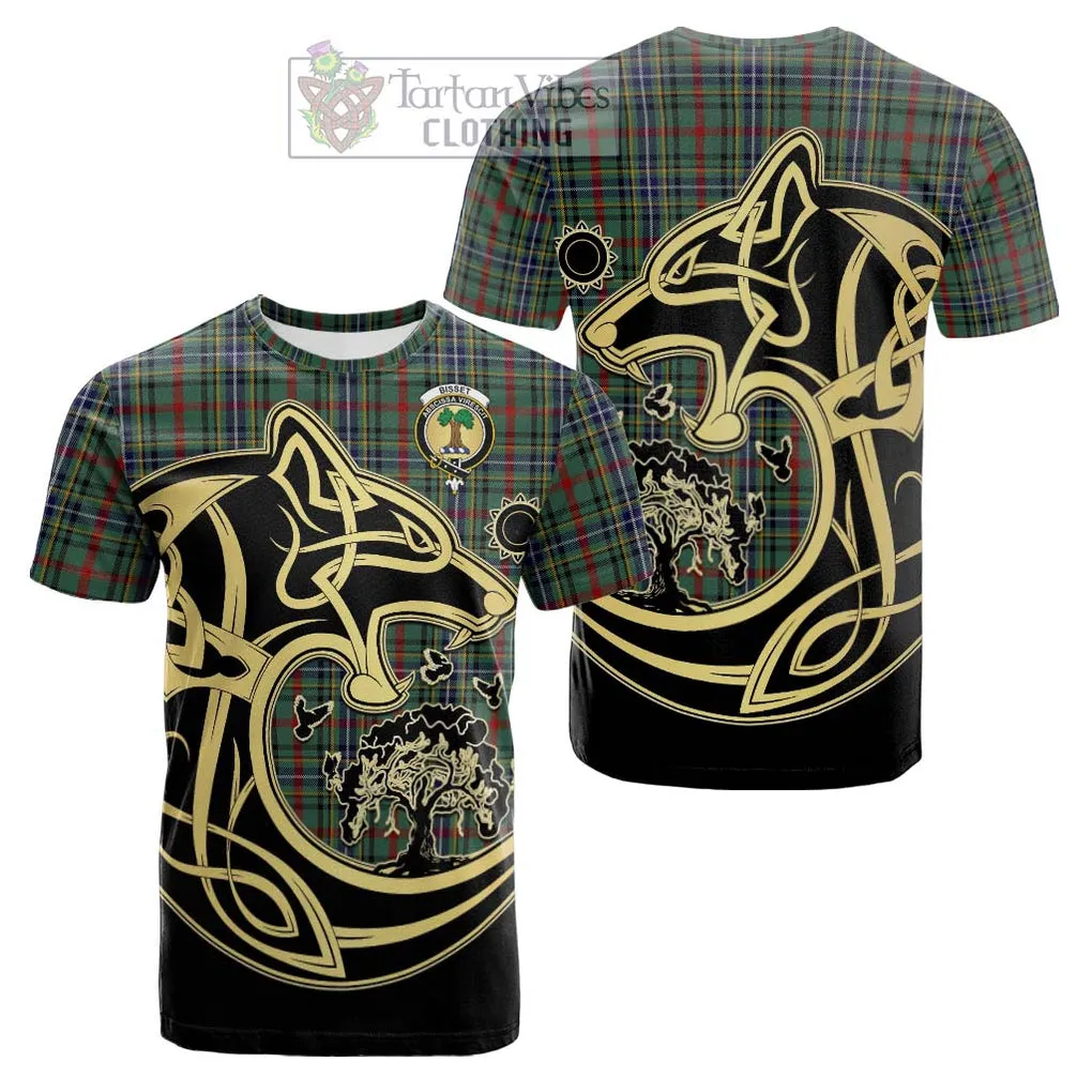 Bisset Tartan Cotton T-shirt with Family Crest Celtic Wolf Style