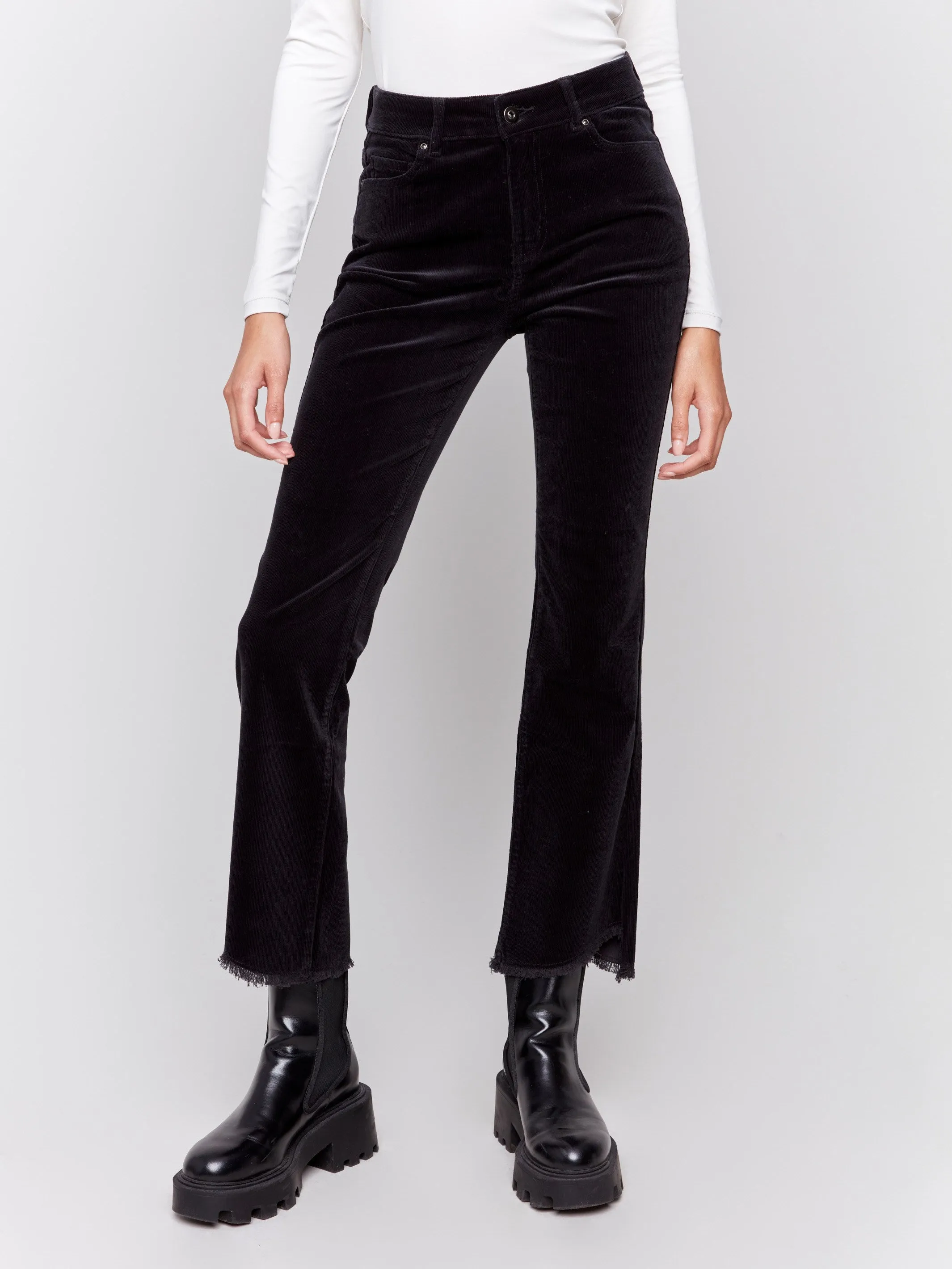 Bootcut Corduroy Pants with Asymmetrical Hem - Black