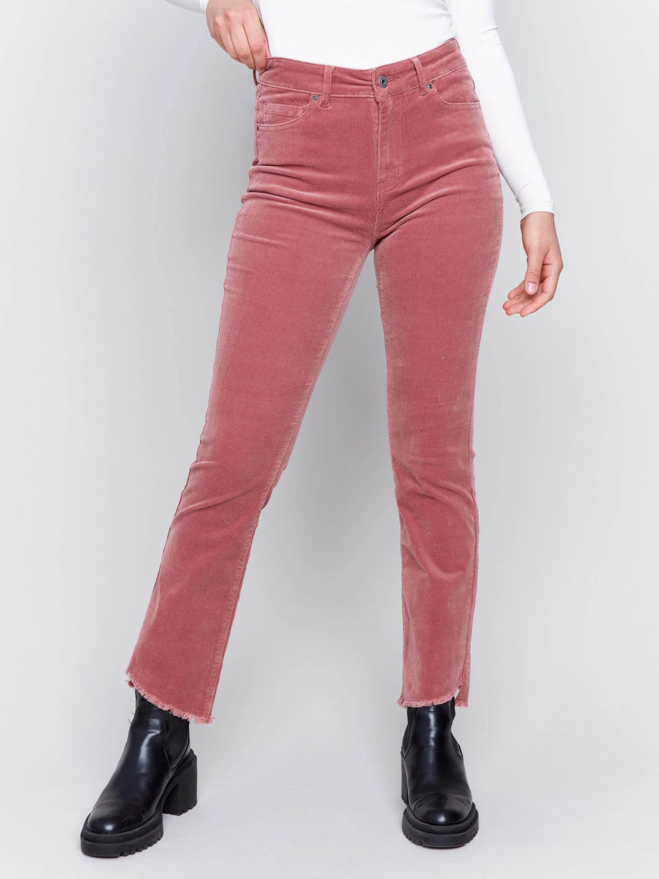 Bootcut Corduroy Pants with Asymmetrical Hem - Woodrose