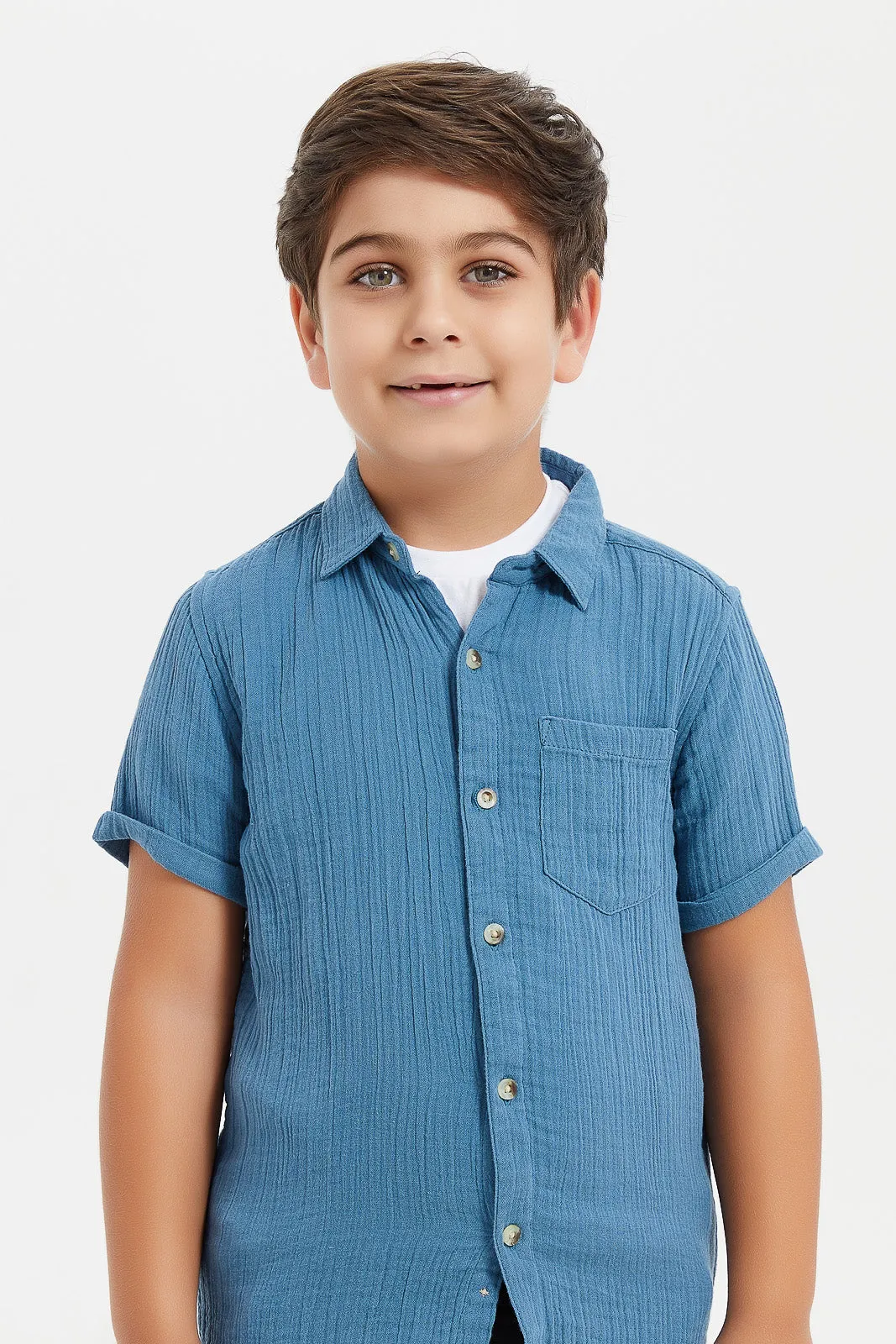 Boys Blue And White Shirt And T-Shirt Set (2 Piece)