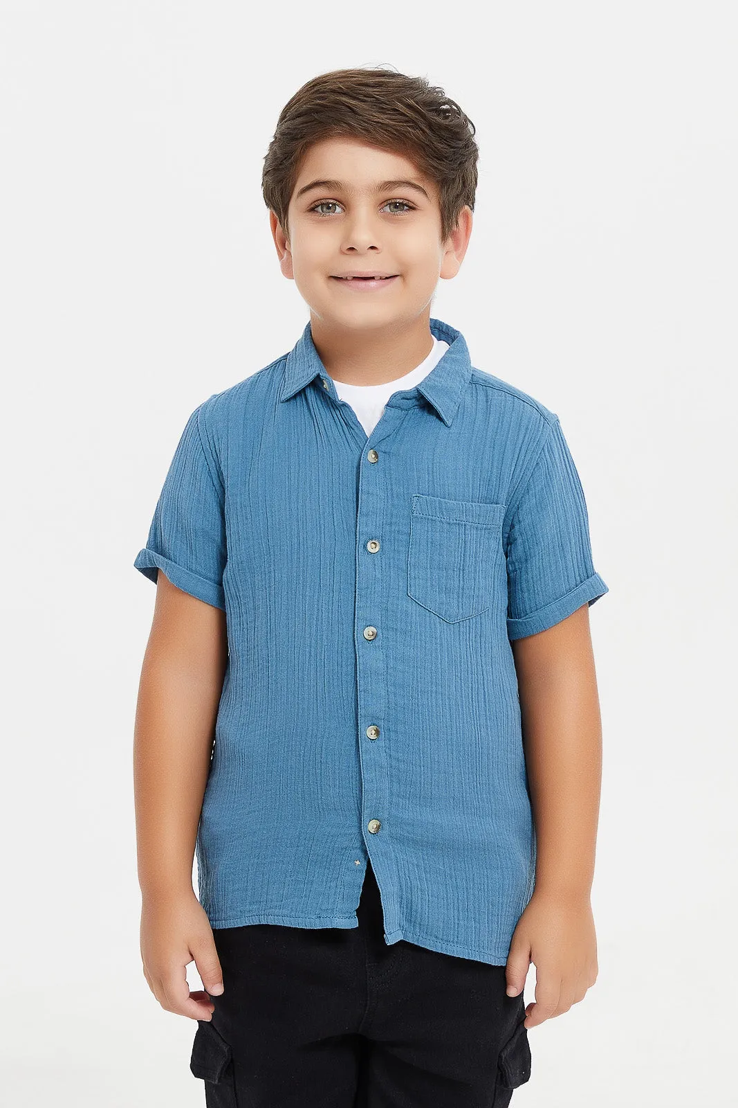 Boys Blue And White Shirt And T-Shirt Set (2 Piece)