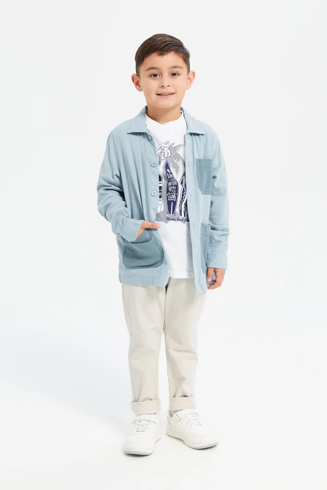 Boys Mint And White Shirt With T-Shirt Set (2 Piece)