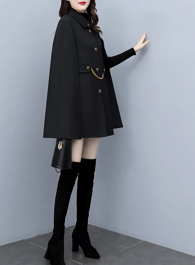 Cape coat Women, wool poncho jacket, wool cloak coat, wool shawl winter coat, black buttoned coat(Y1205)