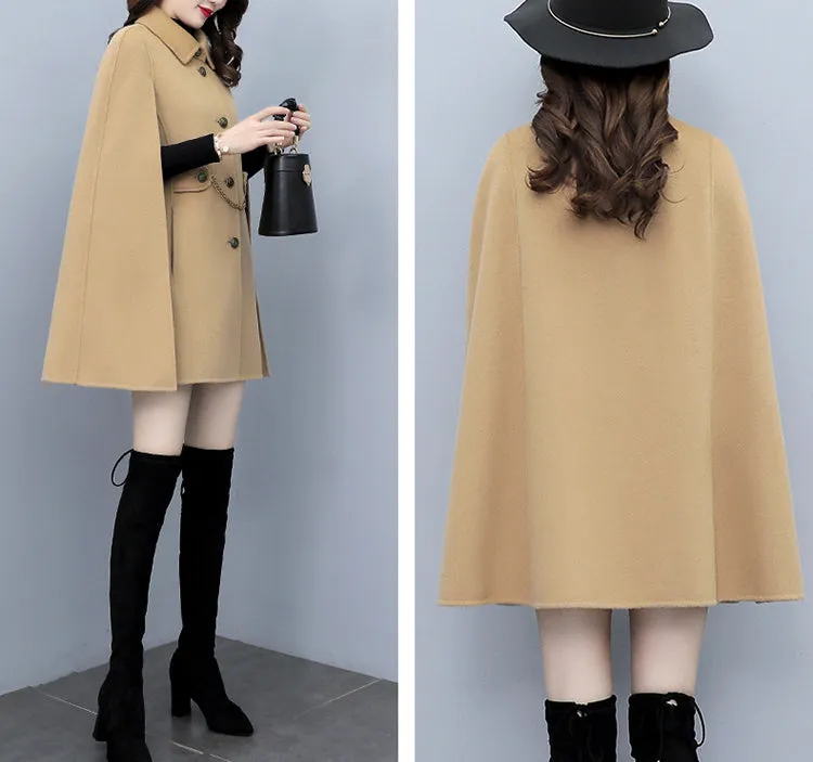 Cape coat Women, wool poncho jacket, wool cloak coat, wool shawl winter coat, black buttoned coat(Y1205)