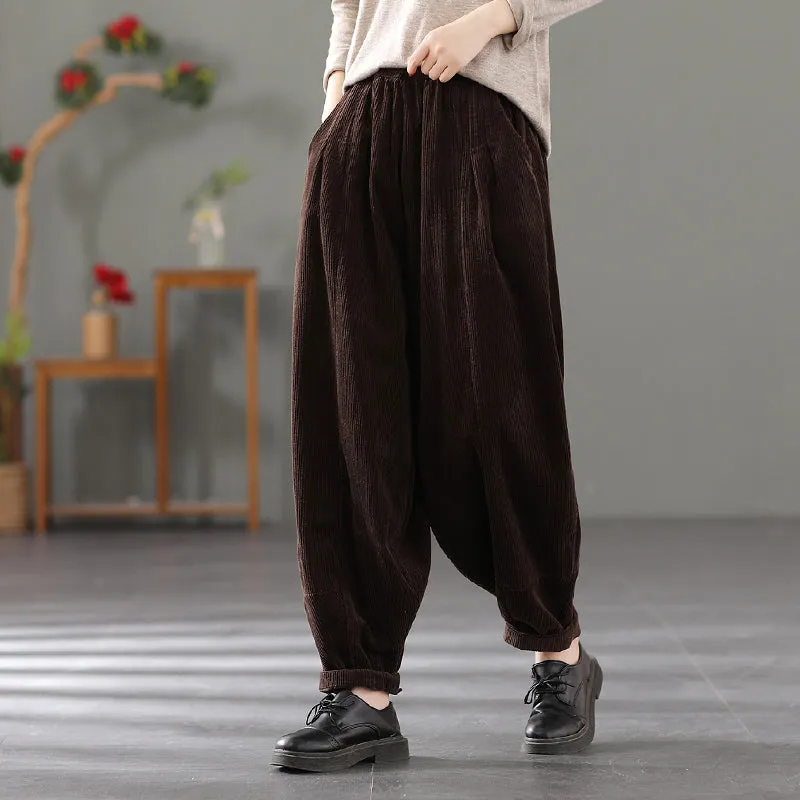 Casual Corduroy Harem Pants, Women Elastic Waist Trousers, Baggy Pants