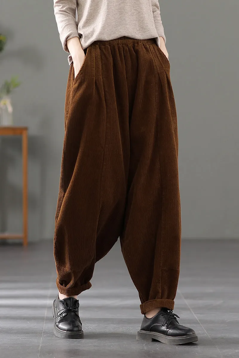 Casual Corduroy Harem Pants, Women Elastic Waist Trousers, Baggy Pants