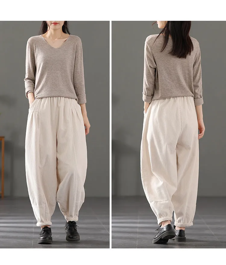 Casual Corduroy Harem Pants, Women Elastic Waist Trousers, Baggy Pants