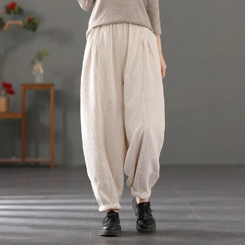 Casual Corduroy Harem Pants, Women Elastic Waist Trousers, Baggy Pants