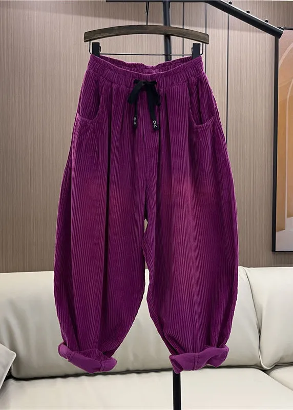 Casual Purple Pockets Elastic Waist Patchwork Corduroy Pants Fall ML2551