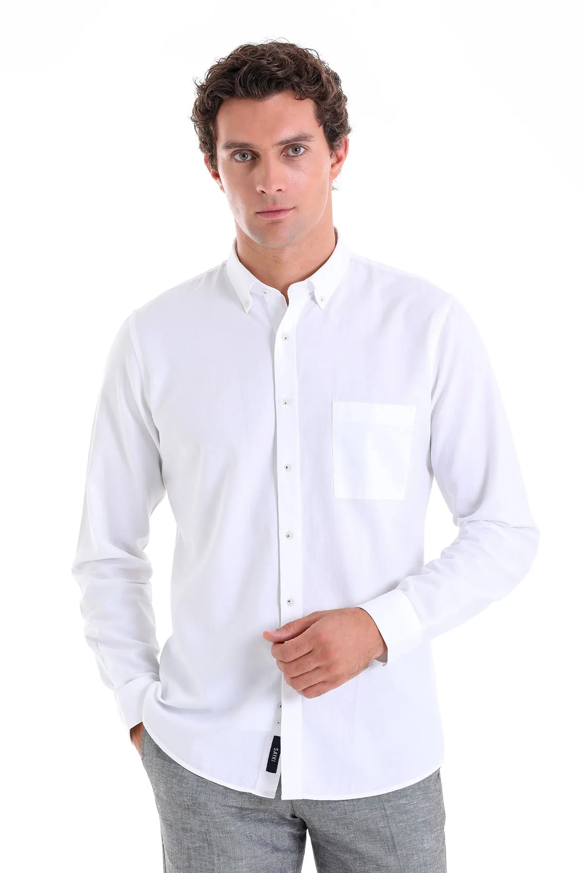 Comfort Fit Long Sleeve Oxford Cotton White Casual Shirt