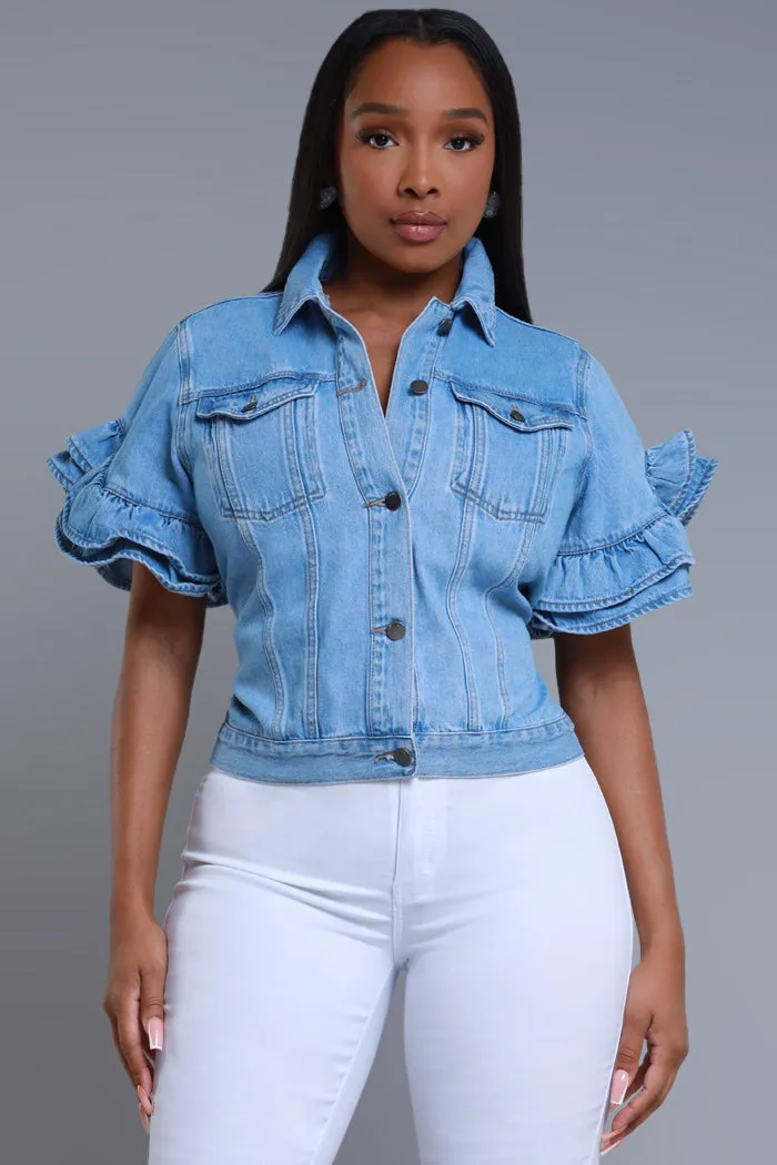 Connect Ruffle Sleeve Denim Jacket - Blue