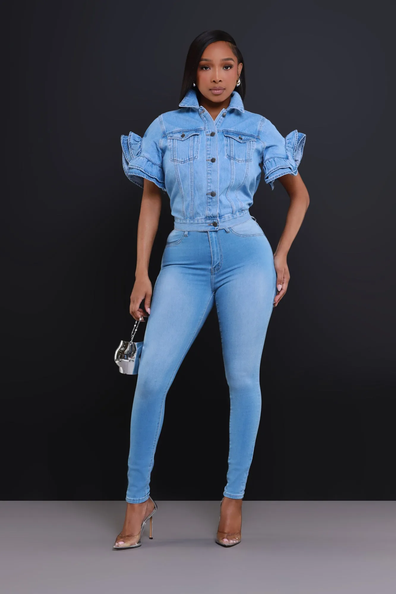 Connect Ruffle Sleeve Denim Jacket - Blue