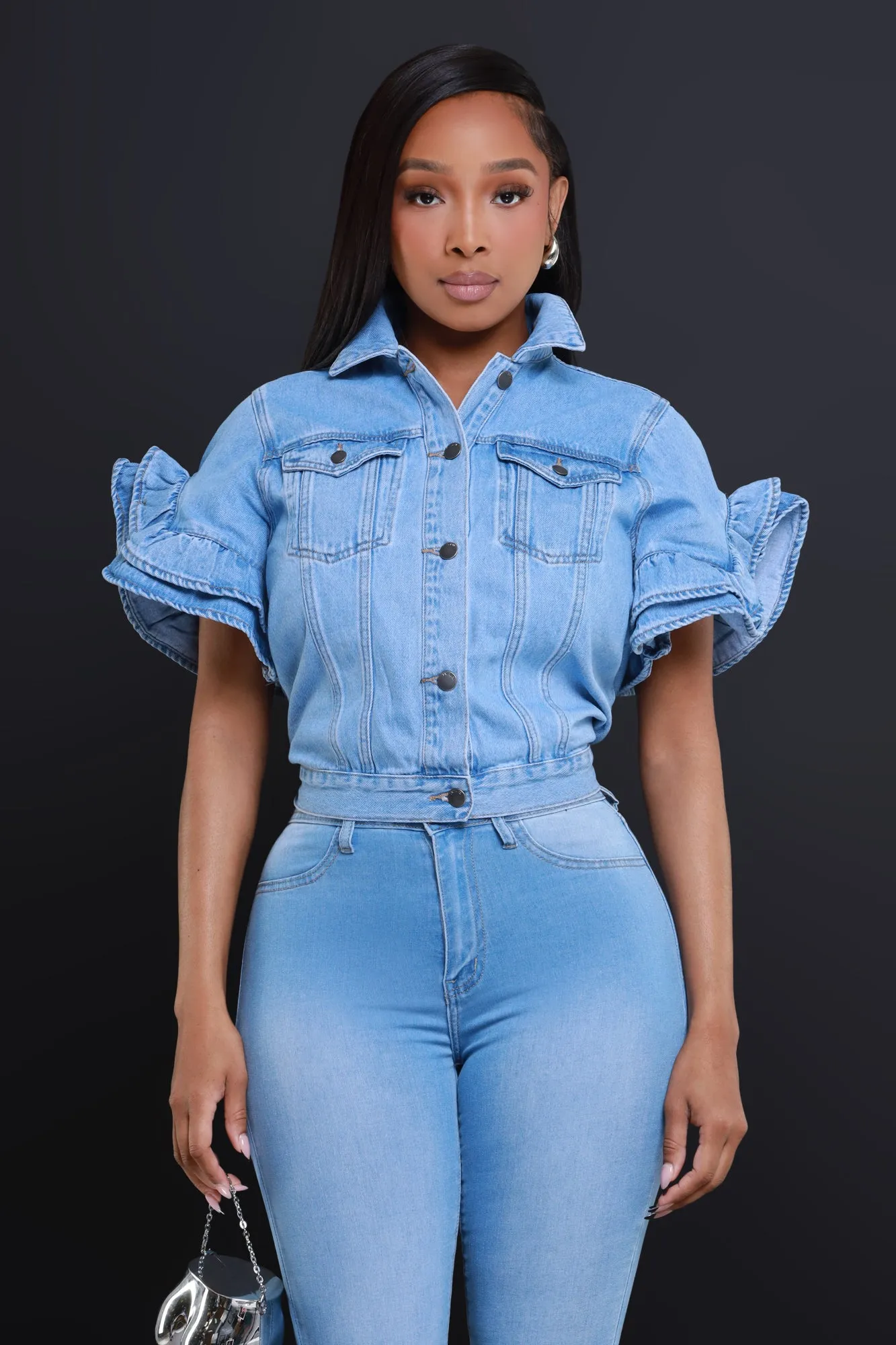 Connect Ruffle Sleeve Denim Jacket - Blue