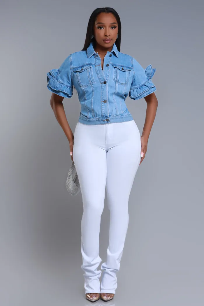 Connect Ruffle Sleeve Denim Jacket - Blue