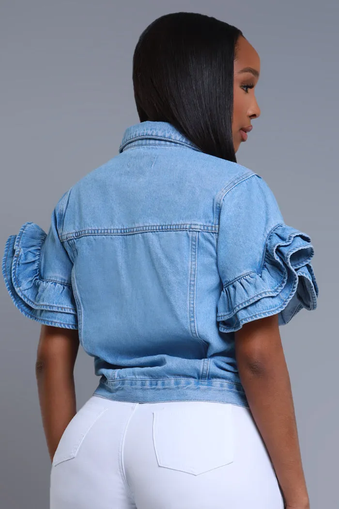 Connect Ruffle Sleeve Denim Jacket - Blue