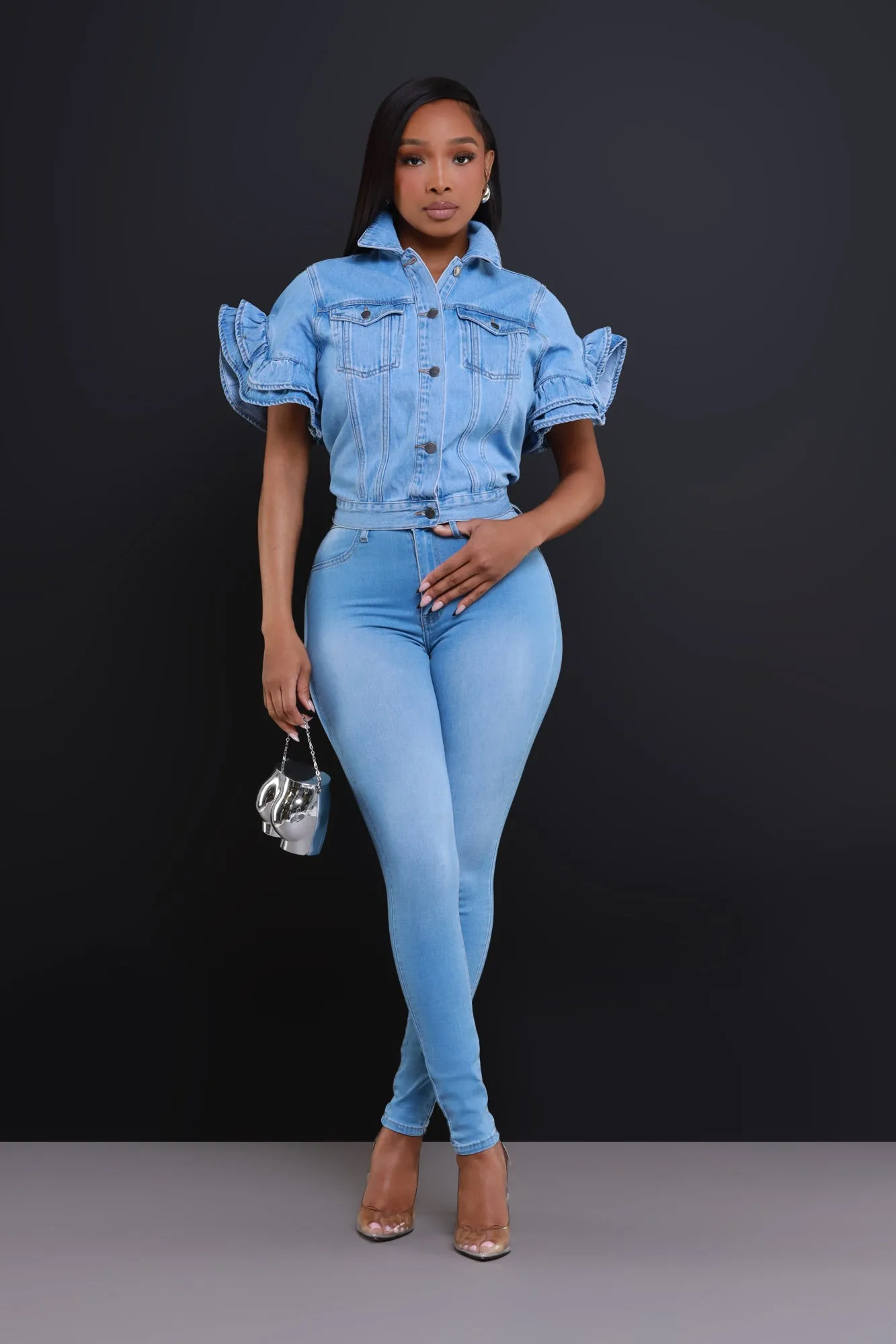 Connect Ruffle Sleeve Denim Jacket - Blue