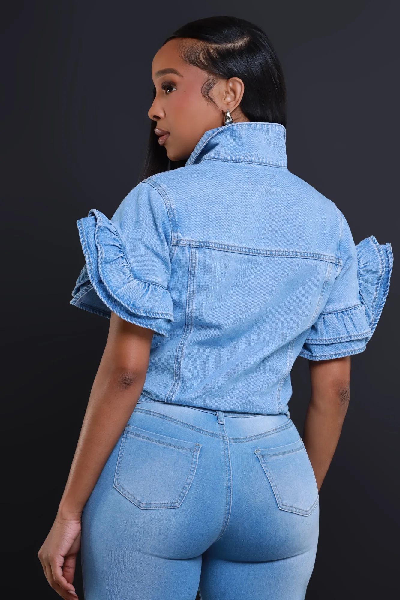 Connect Ruffle Sleeve Denim Jacket - Blue