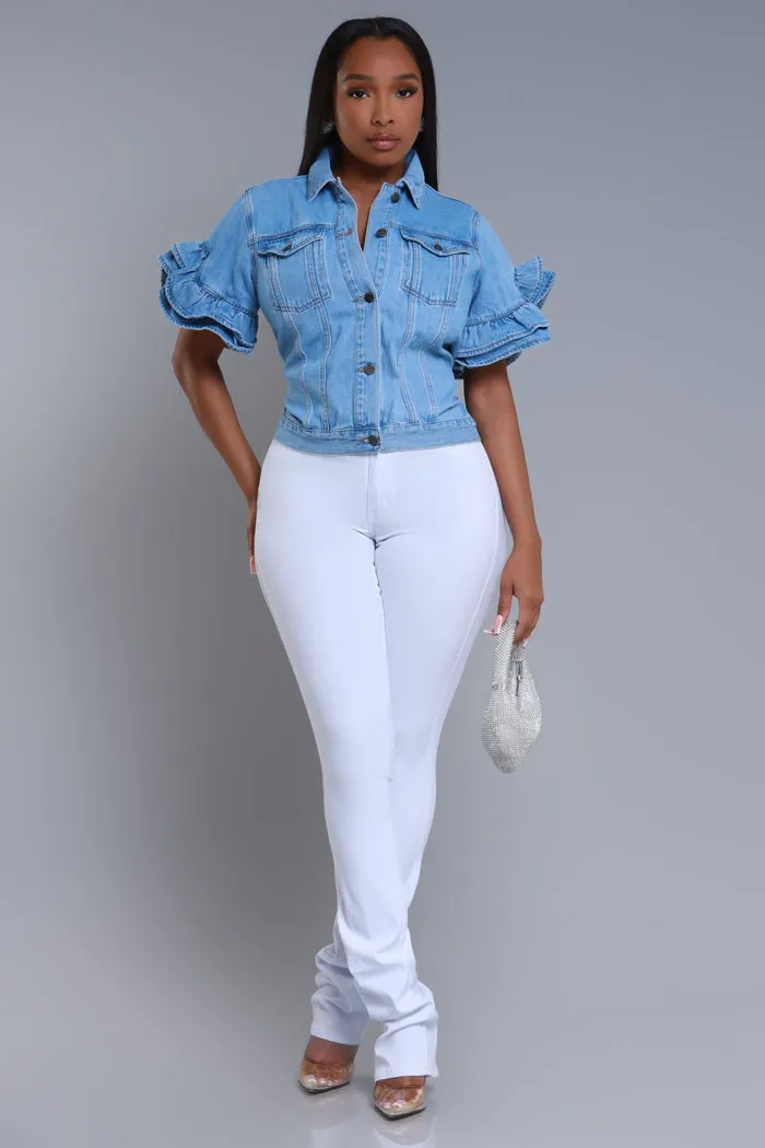 Connect Ruffle Sleeve Denim Jacket - Blue