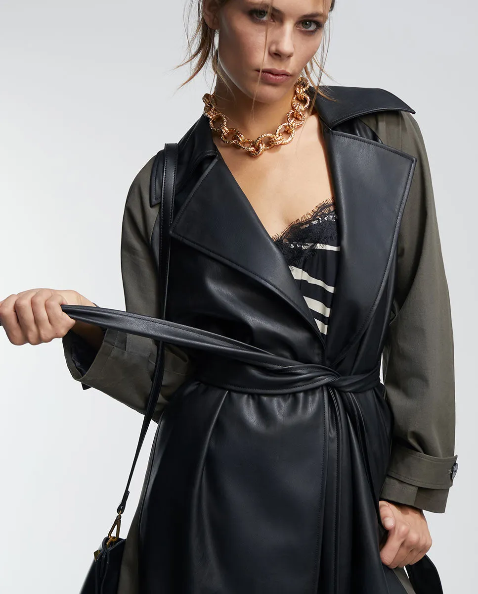 Contrast faux leather trench coat