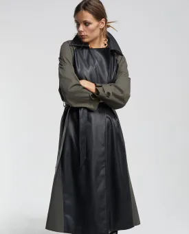 Contrast faux leather trench coat