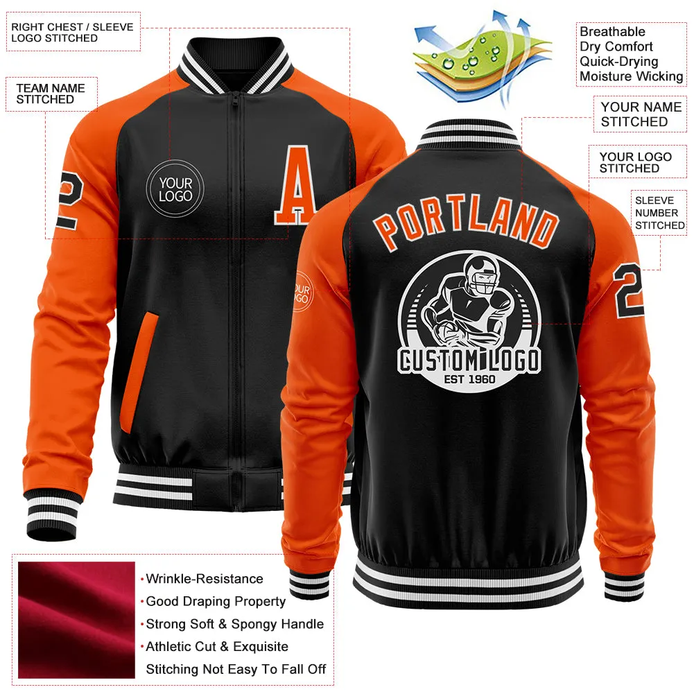 Custom Black Orange-White Bomber Varsity Letterman Two Tone Zipper Jacket