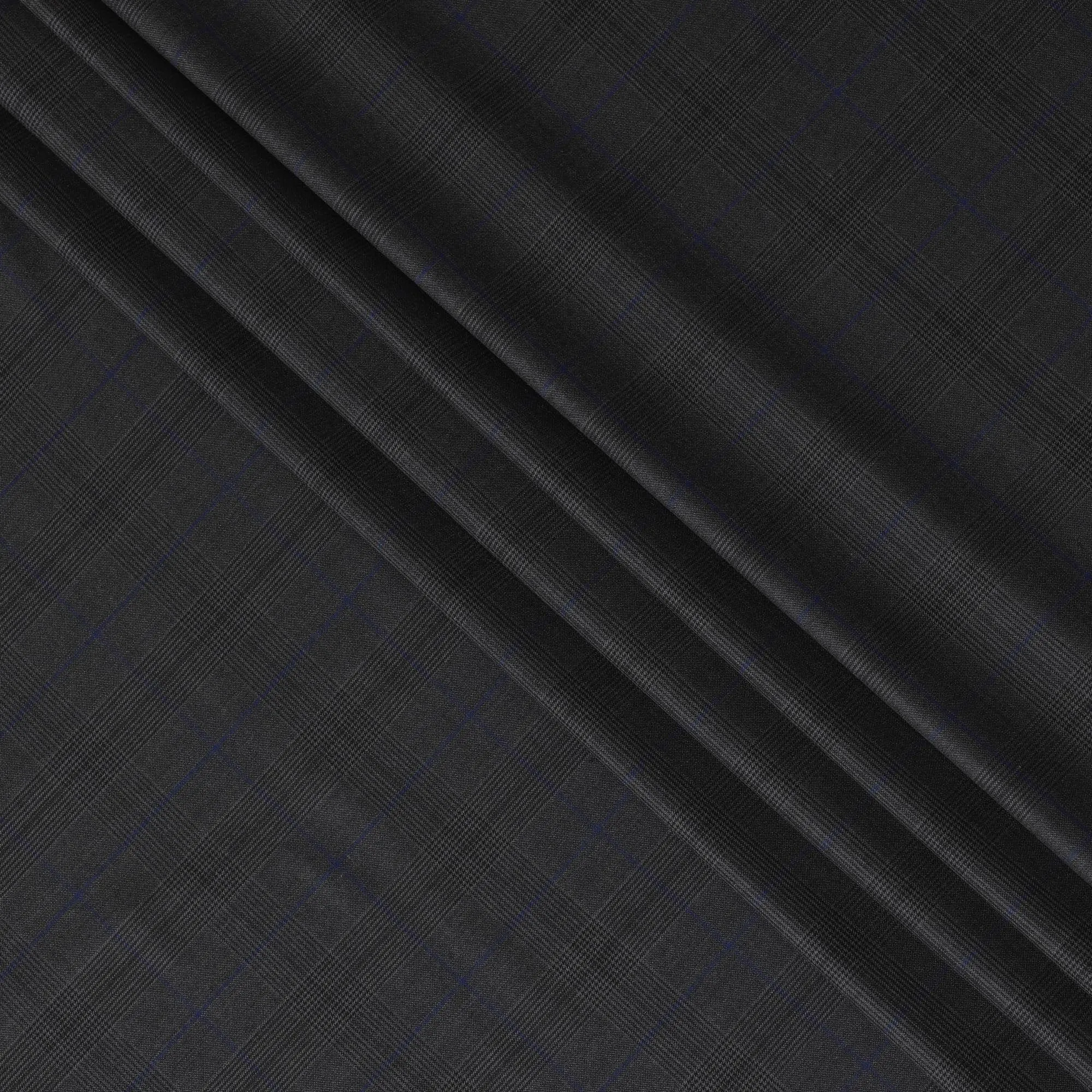 Dark charcoal grey Premium pure English super 150's all wool suiting fabric with grey and blue checks design-D14820