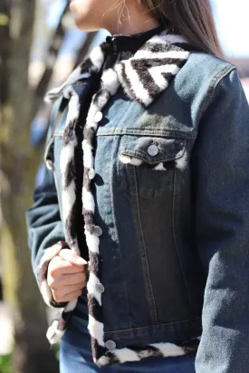 Denim Jacket with Black/White Fur Trim - Natural