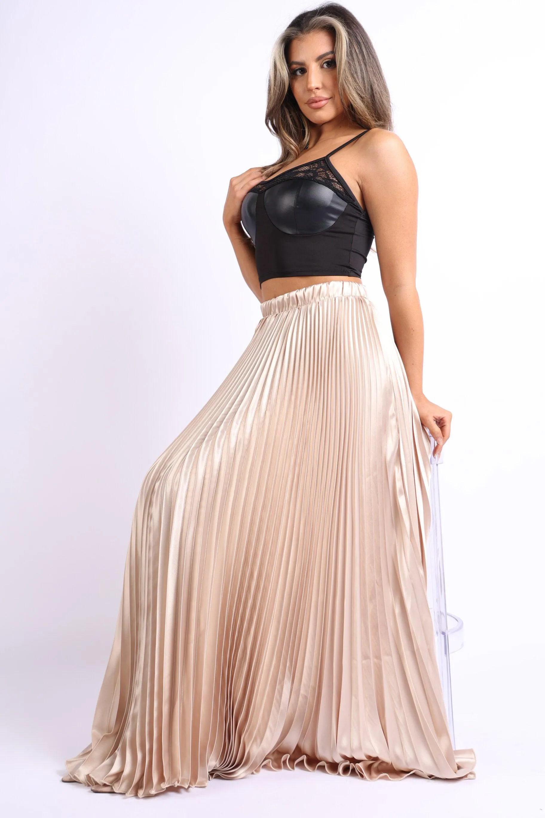 Elastic High Waist A-Line Pleated Satin Maxi Skirt TAUPE