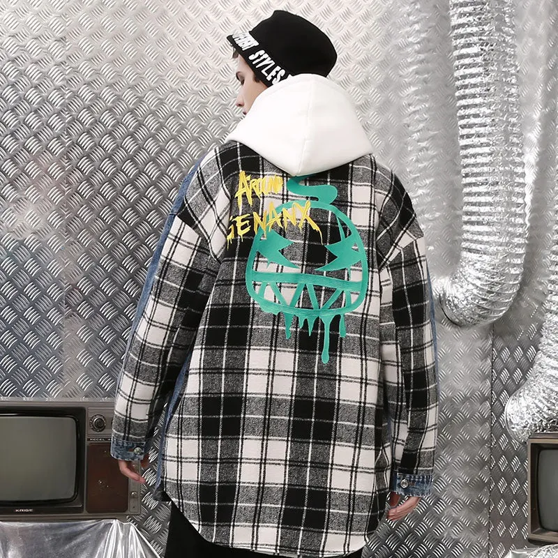 【GENANX2024NEW】Splicing chequered tattoo lamb fleece denim jacket