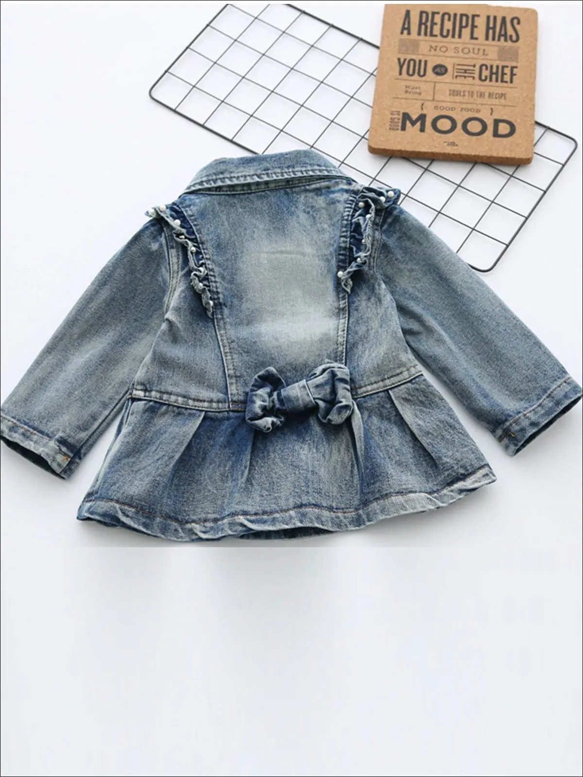 Girls Double Breasted A-Line Denim Jacket with Ruffle and Pearl Appliques