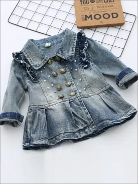 Girls Double Breasted A-Line Denim Jacket with Ruffle and Pearl Appliques