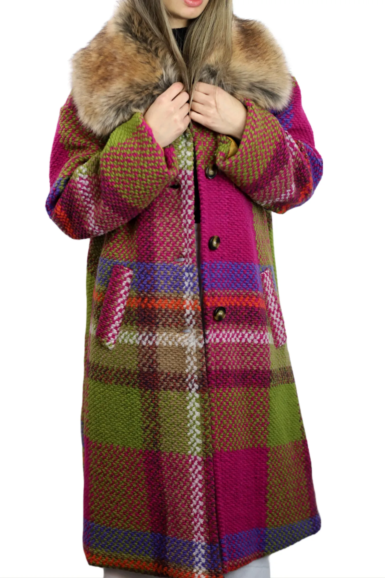 La Fiorentina Long Plaid Wool Coat w/ Faux Fur Trim - Fuchsia/Camel