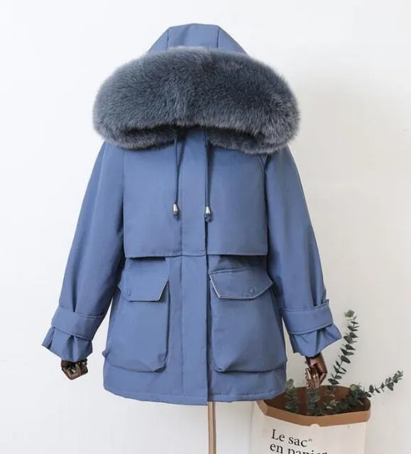 Large Natural Raccoon Fox Fur Hooded Winter Down Coat Women