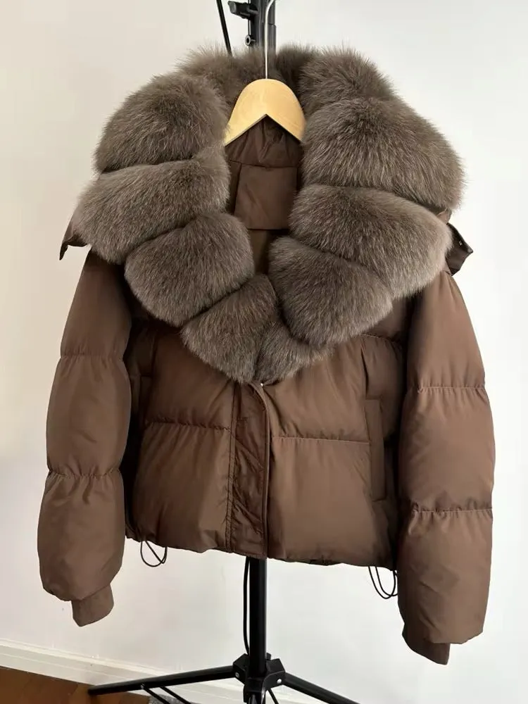 Luxurious Women's Duck Down Jacket with Natural Fur Collar & Removable Hood