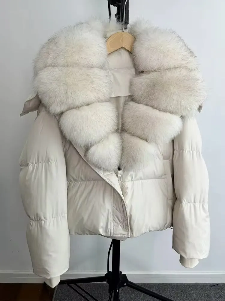 Luxurious Women's Duck Down Jacket with Natural Fur Collar & Removable Hood