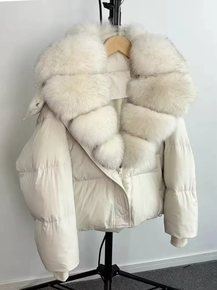 Luxurious Women's Duck Down Jacket with Natural Fur Collar & Removable Hood