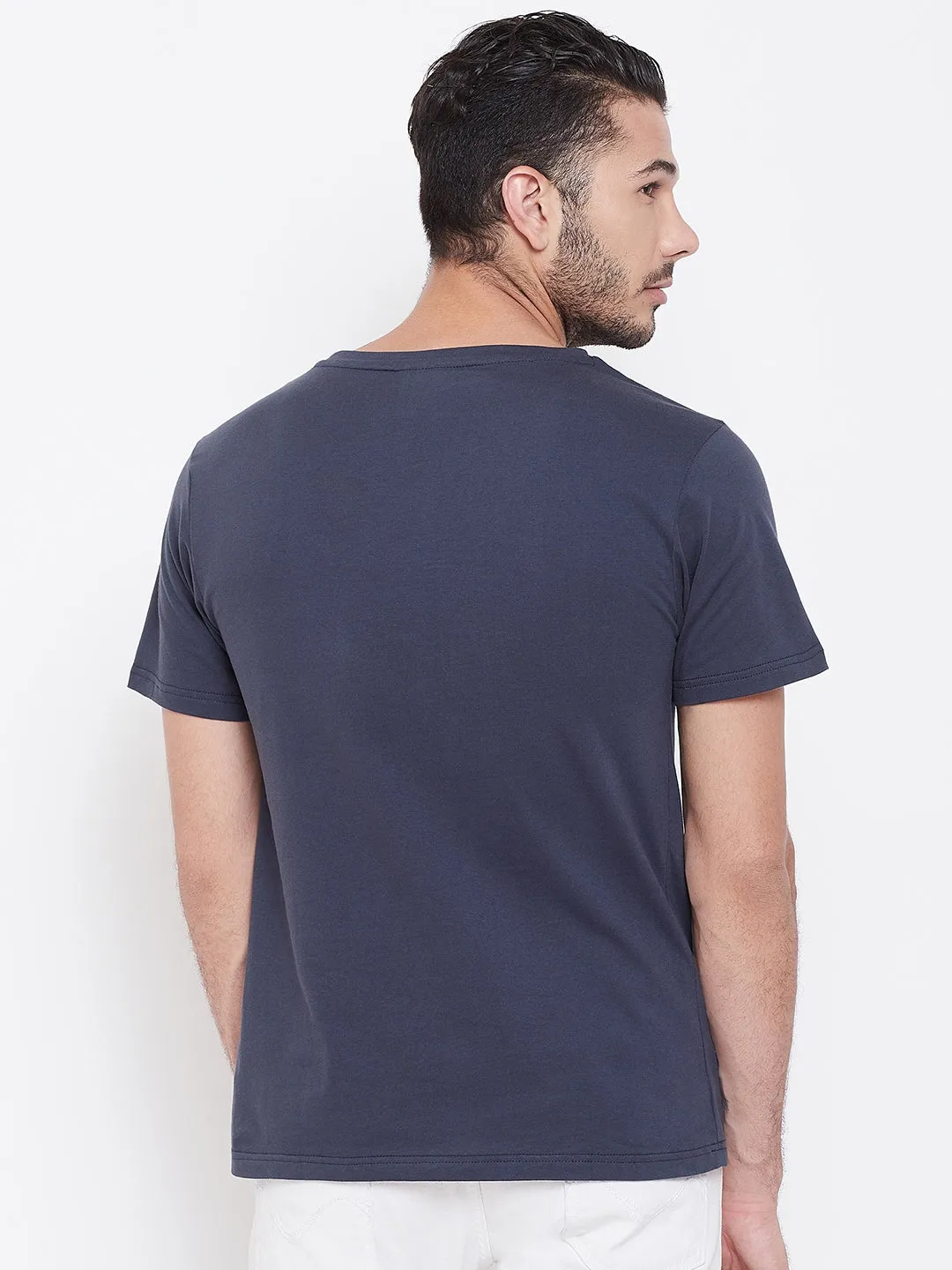 Men Navy Blue Solid V Neck T-shirt