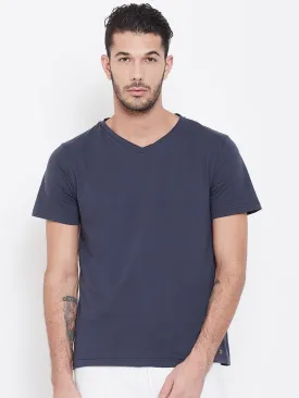 Men Navy Blue Solid V Neck T-shirt