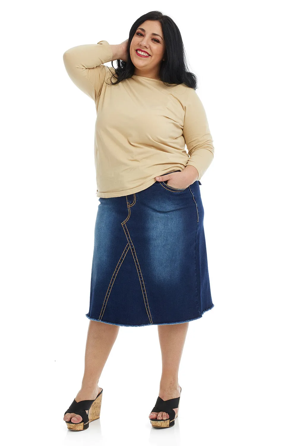 Modest Below the Knee A-line Flary Jean Skirt for Women 'Victoria'