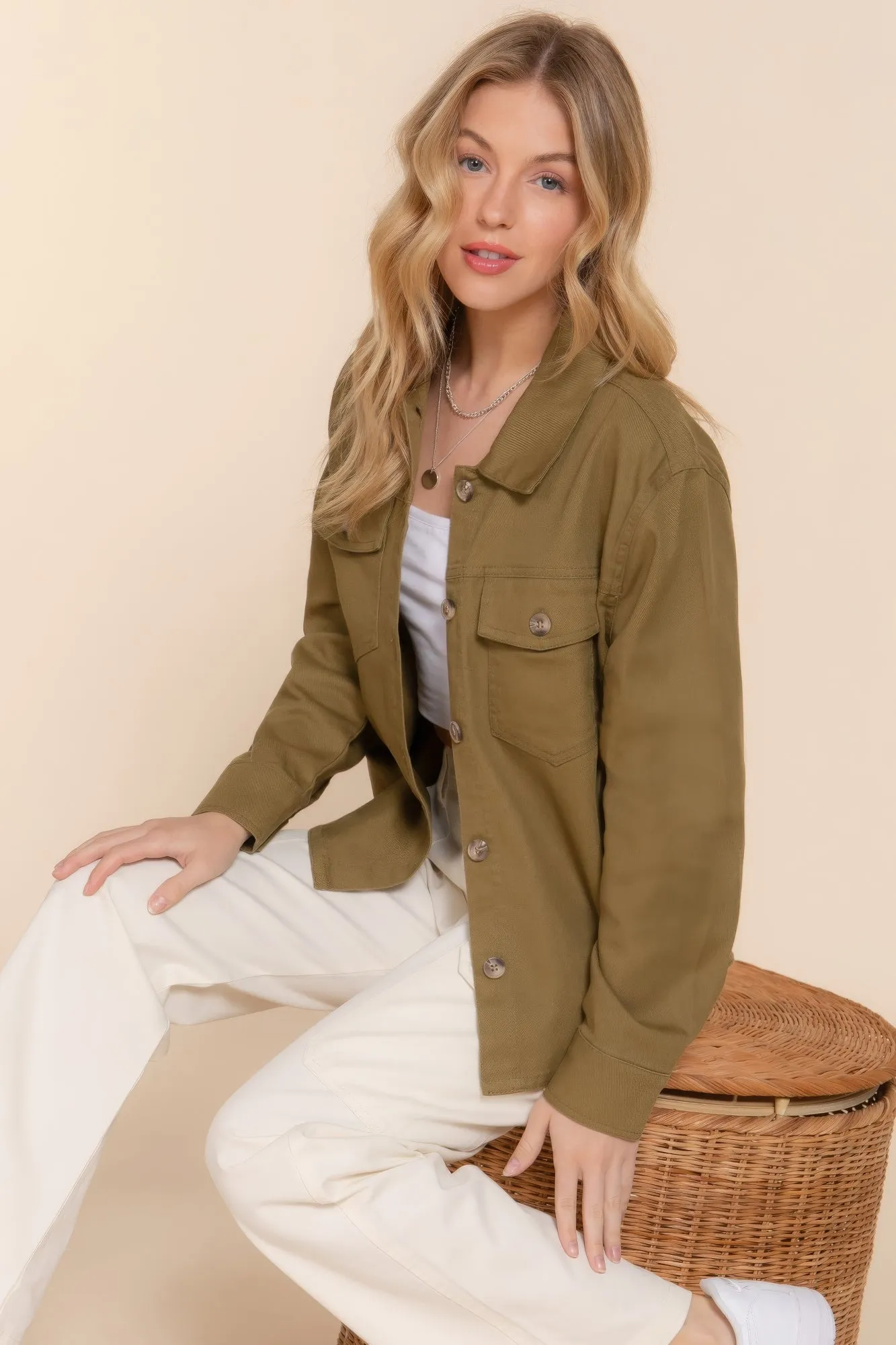 Olive Button Down Cotton Denim Shacket – Versatile Shirt Jacket for Casual | Fashion M&J