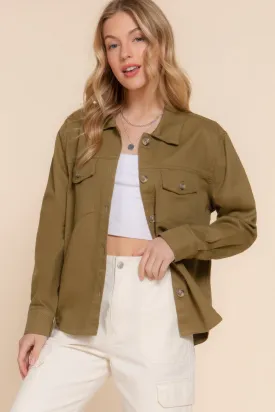 Olive Button Down Cotton Denim Shacket – Versatile Shirt Jacket for Casual | Fashion M&J