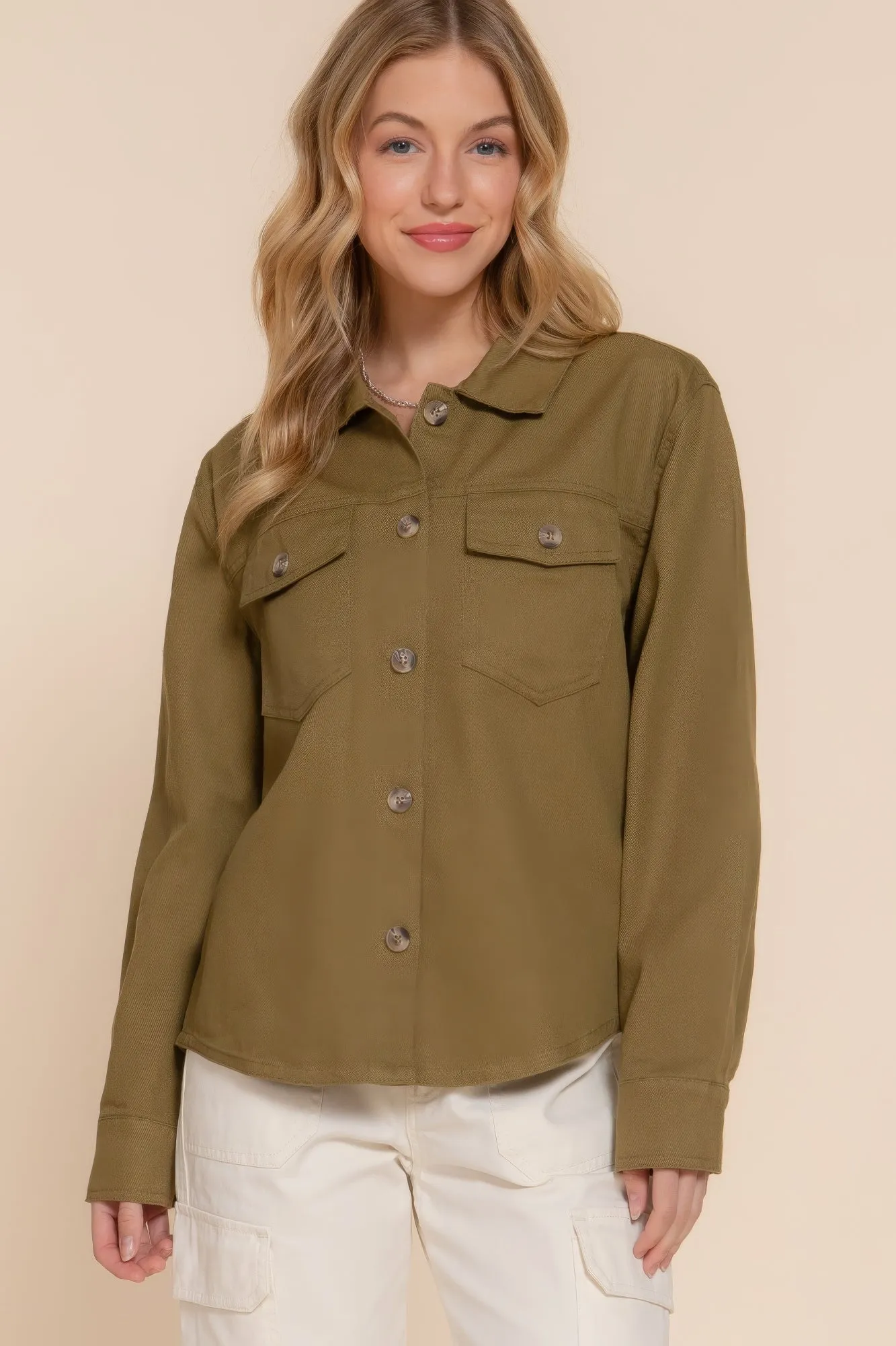 Olive Button Down Cotton Denim Shacket – Versatile Shirt Jacket for Casual | Fashion M&J