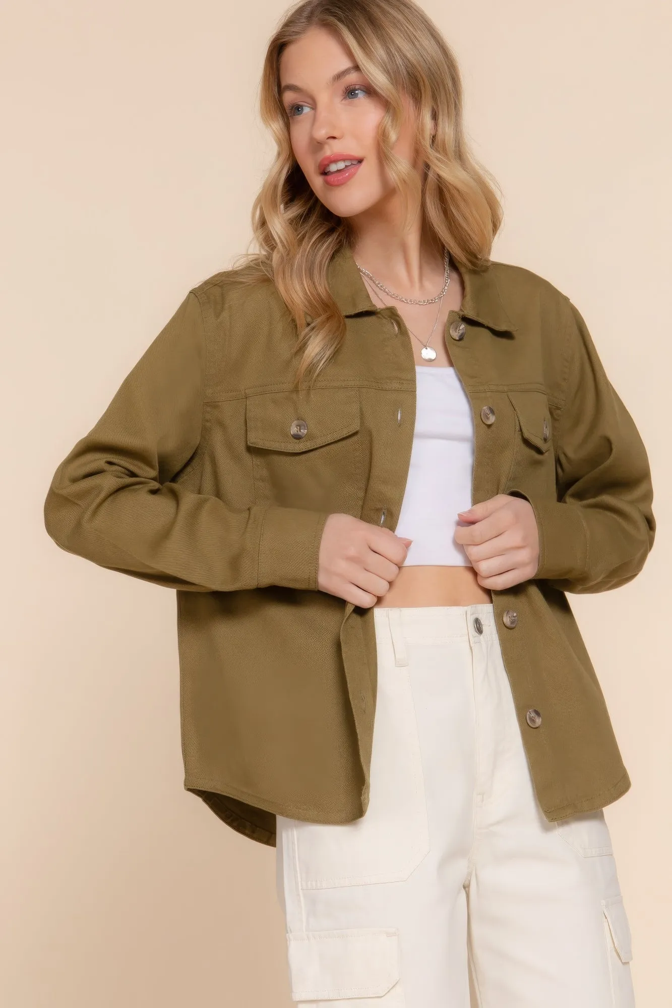 Olive Button Down Cotton Denim Shacket – Versatile Shirt Jacket for Casual | Fashion M&J