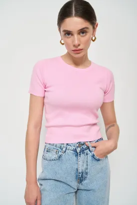 Pink Cropped Knit T-shirt