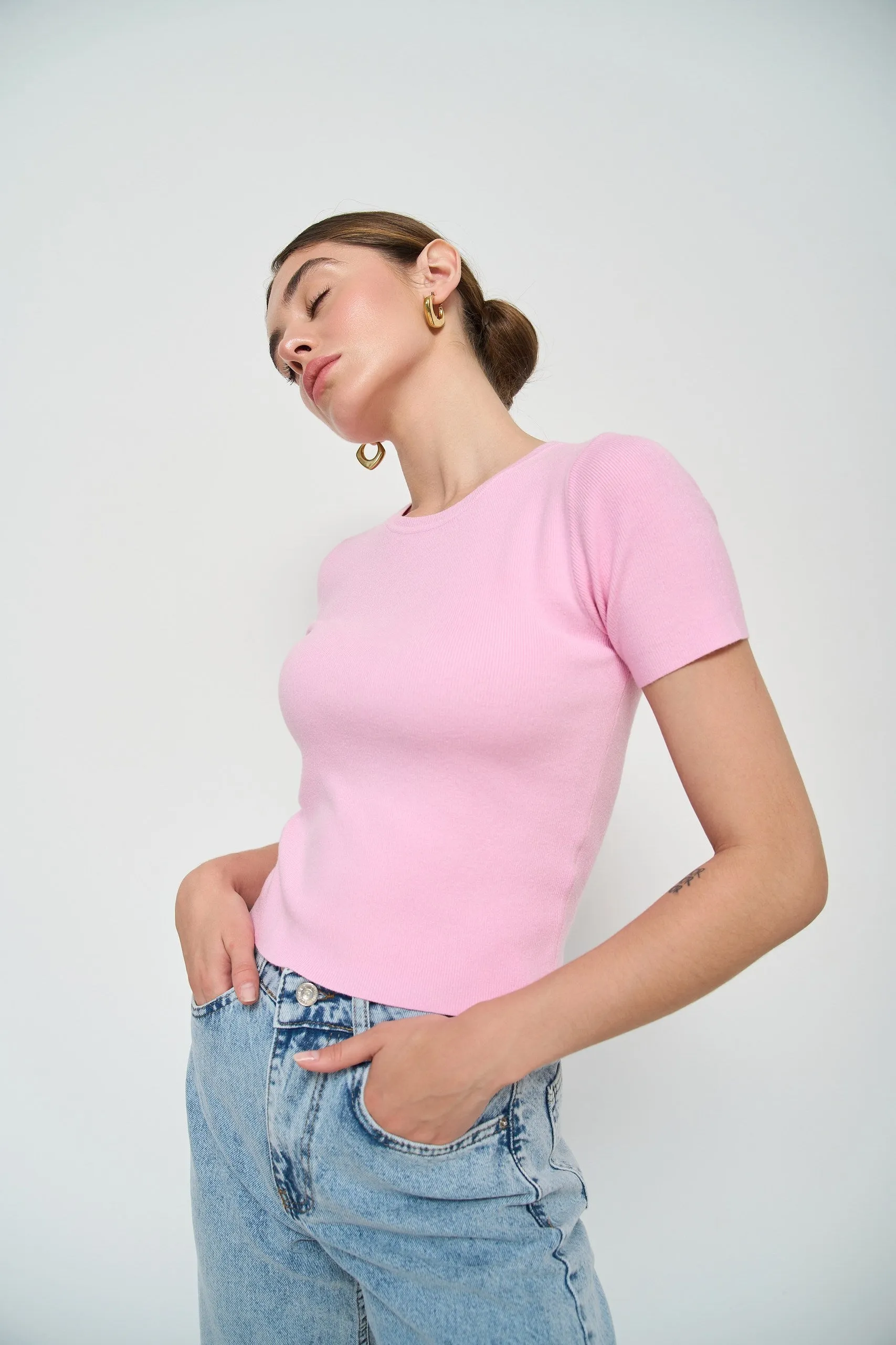 Pink Cropped Knit T-shirt