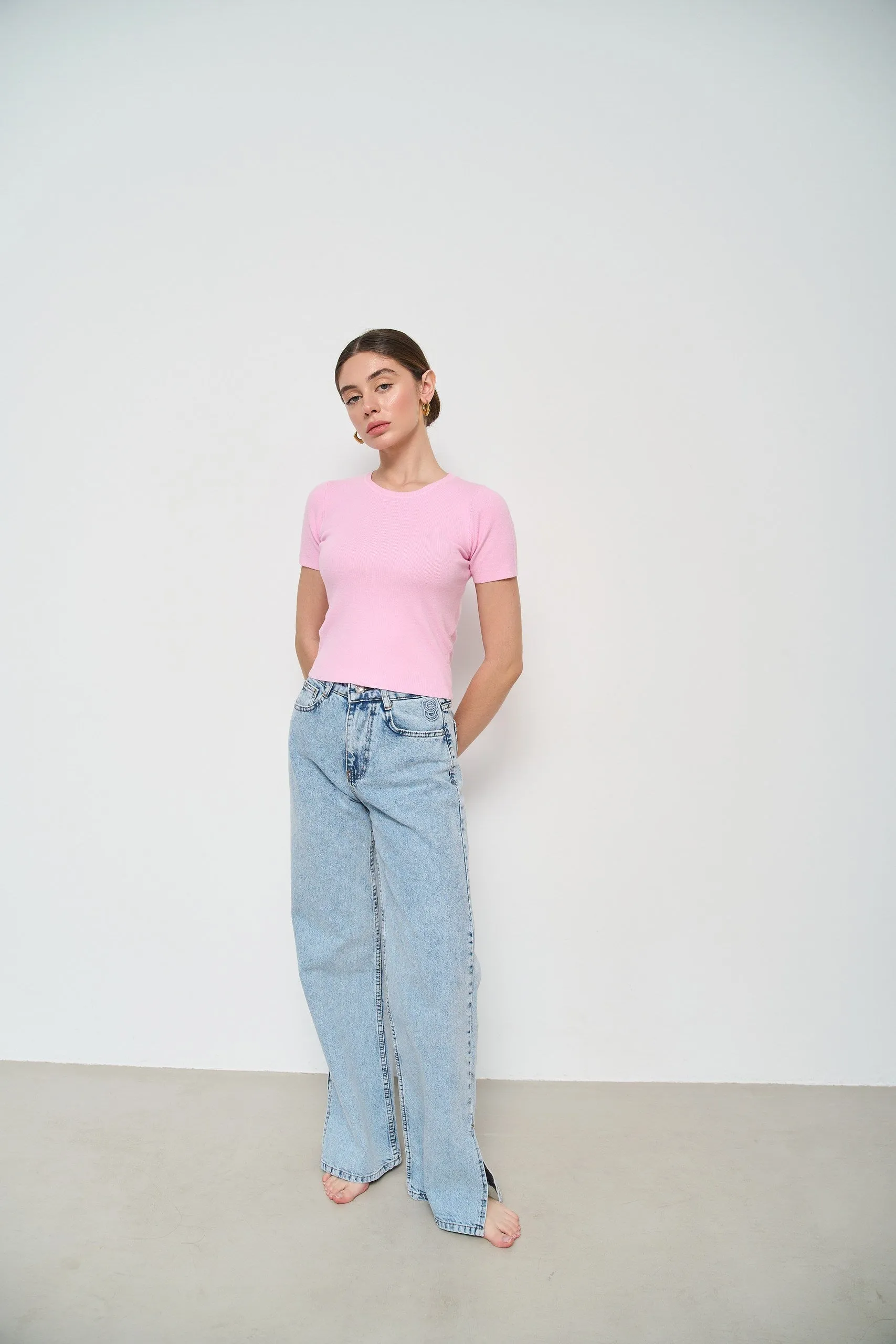 Pink Cropped Knit T-shirt