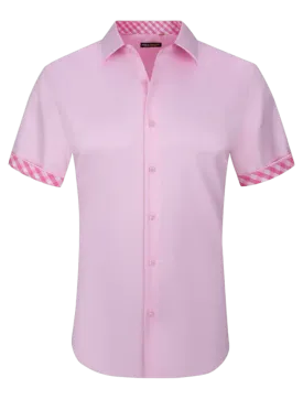 Pink men's short sleeve shirts stretch material fancy cuff on the sleeves